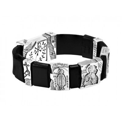 БРАСЛЕТ "СВЯТЫЕ ВОИНЫ" ИЗ КОЖИ И СЕРЕБРА