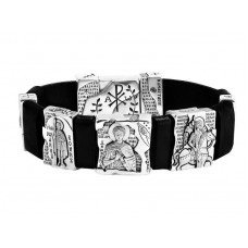 БРАСЛЕТ "СВЯТЫЕ ВОИНЫ" ИЗ КОЖИ И СЕРЕБРА