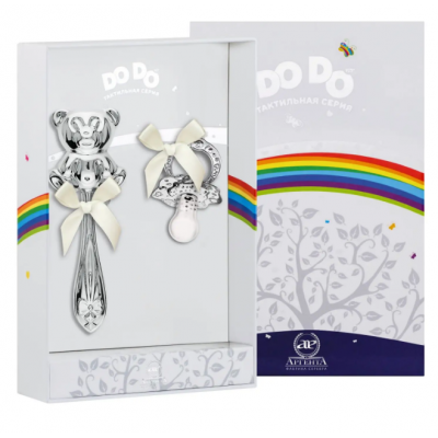 Набор для малышей DODO 'Медведь': погремушка и сувенир-пустышка в футляре(Серебро 925)